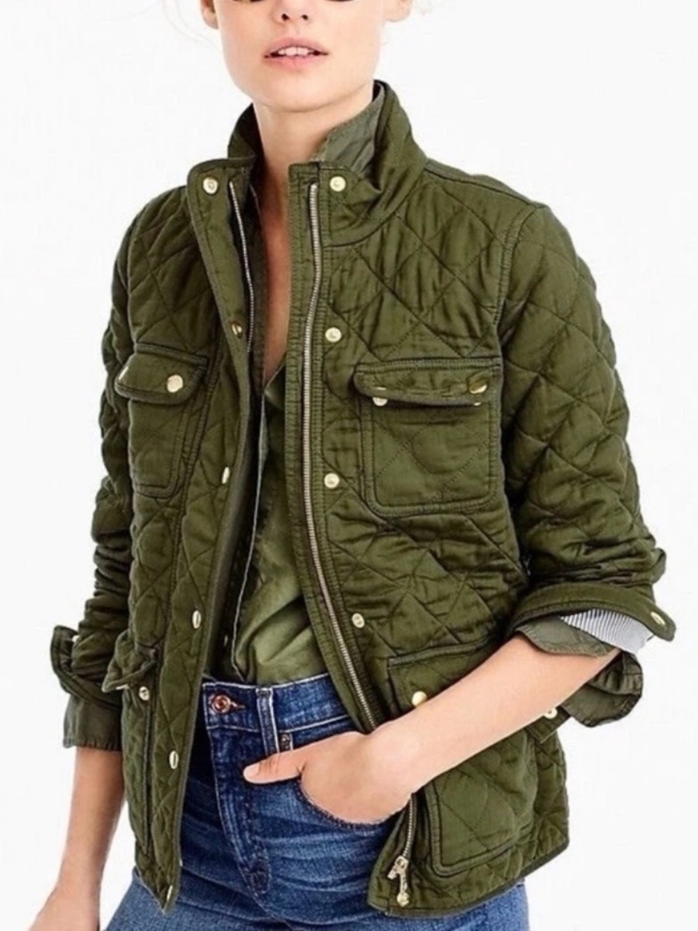 J. Crew Cotton Quilted Downtown Field Jacket Army Green Large